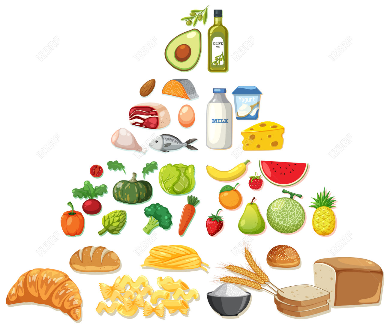 Ilustración con alimentos saludables interactivos como salmón, yogur, huevo, naranja, banana y pescado.